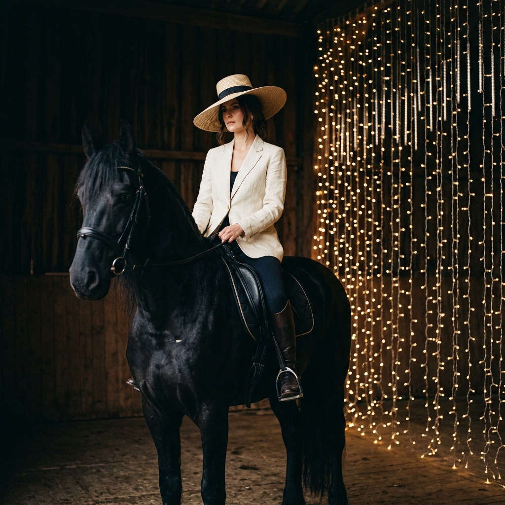 High-fashion model on black horse by glowing light curtain