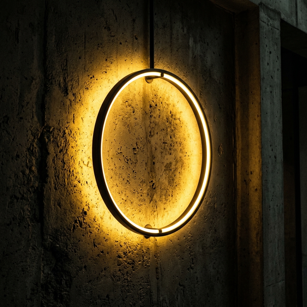 Circular neon ring light fixture on dark wall