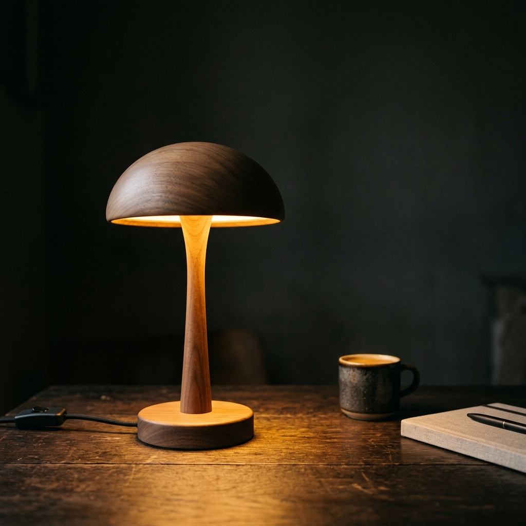 Minimalist wooden mushroom table lamp casting warm glow